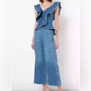 Jonathan Simkhai Denim Ruffle Accented Jumpsuit pre owned